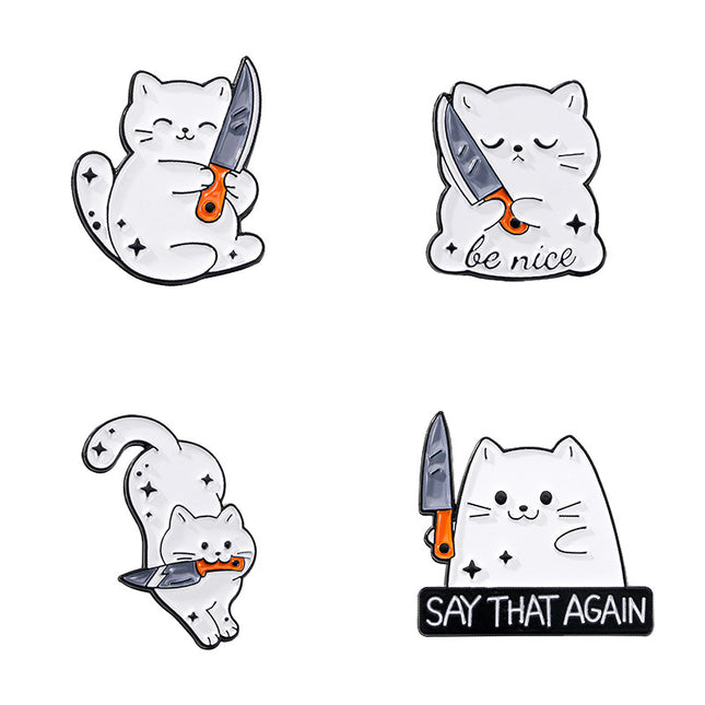 4 PCS Funny White Cat with Knife Enamel Pins Set Cute Cartoon Lapel Badge Brooch for Backpacks Denim