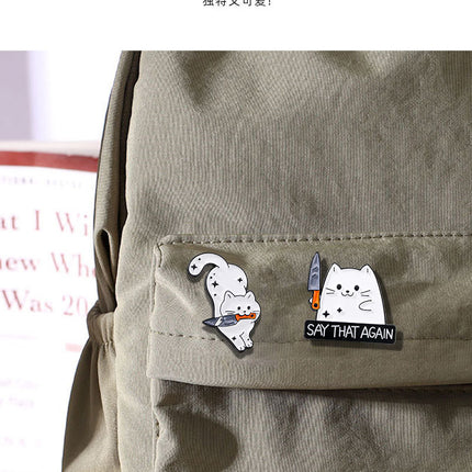 4 PCS Funny White Cat with Knife Enamel Pins Set Cute Cartoon Lapel Badge Brooch for Backpacks Denim Jackets Sassy Aesthetic Gift
