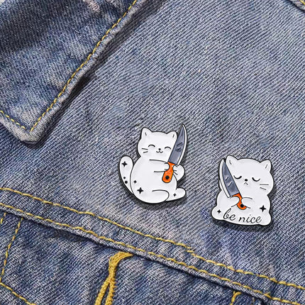 4 PCS Funny White Cat with Knife Enamel Pins Set Cute Cartoon Lapel Badge Brooch for Backpacks Denim Jackets Sassy Aesthetic Gift
