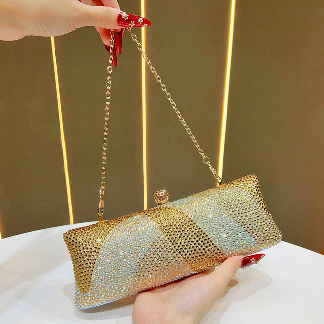 Luxury Gold Crystal Evening Clutch Bag Gradient Rhinestone Hard Case Purse with Detachable Chain for