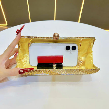 Luxury Gold Crystal Evening Clutch Bag Gradient Rhinestone Hard Case Purse with Detachable Chain for Wedding Prom Cocktail Party Fits Smartphone