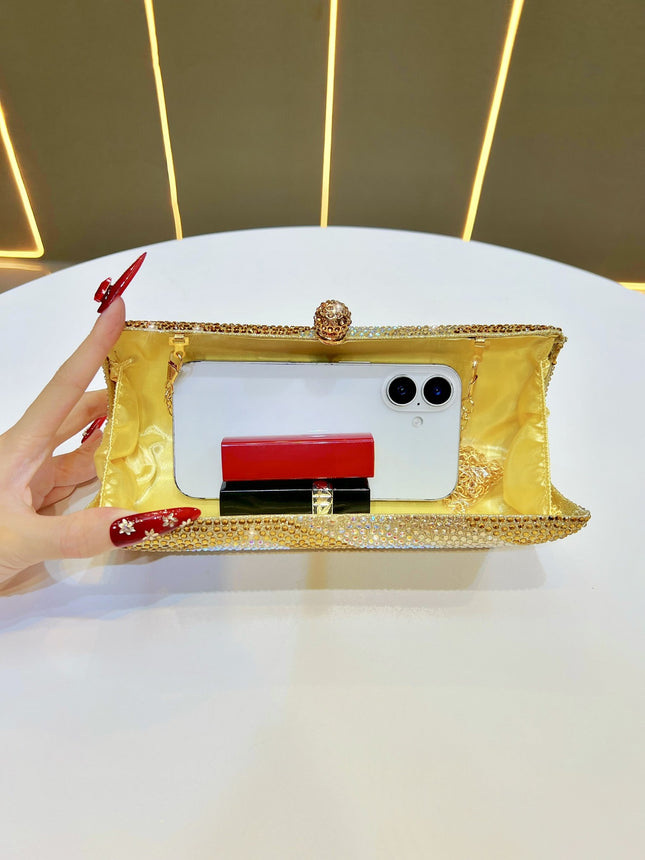 Luxury Gold Crystal Evening Clutch Bag Gradient Rhinestone Hard Case Purse with Detachable Chain for – product detail