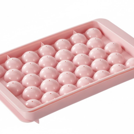 2 PCS Round Ice Cube Trays with Lids 33 Cavity Sphere Ice Ball Maker Mould Stackable Hard Plastic Easy Release for Cocktails Whiskey Pink