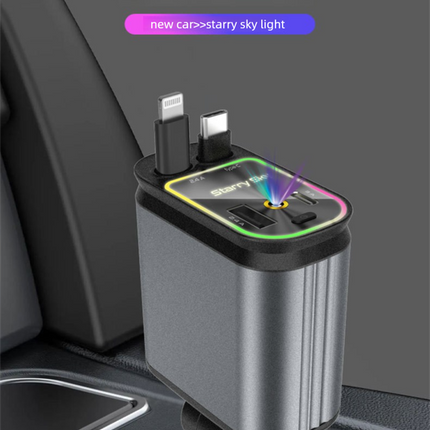 4-in-1 Retractable Car Charger Adapter 120W Max Fast Charging Dual Cables Type-C & Lightning Starry Sky Projector Light 12V-24V for iPhone Samsung