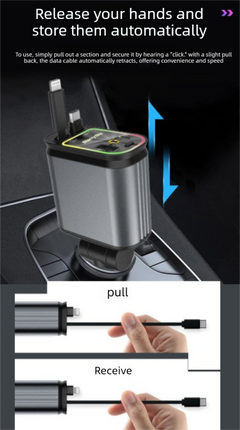 4-in-1 Retractable Car Charger Adapter 120W Max Fast Charging Dual Cables Type-C & Lightning Starry Sky Projector Light 12V-24V for iPhone Samsung