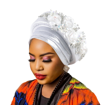 Women's Luxury Silver Turban Hat with Beaded Floral Embellishments Pre-Tied African Style Headwrap for Weddings Parties & Special Occasions