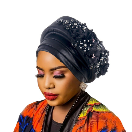 Women's Luxury Black Turban Hat with Beaded Floral Embellishments Pre-Tied African Style Headwrap for Weddings Parties & Special Occasions