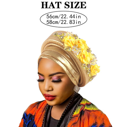 Women's Luxury Black Turban Hat with Beaded Floral Embellishments Pre-Tied African Style Headwrap for Weddings Parties & Special Occasions