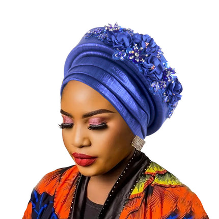 Women's Luxury Navy Blue Turban Hat with Beaded Floral Embellishments Pre-Tied African Style Headwrap for Weddings Parties & Special Occasions