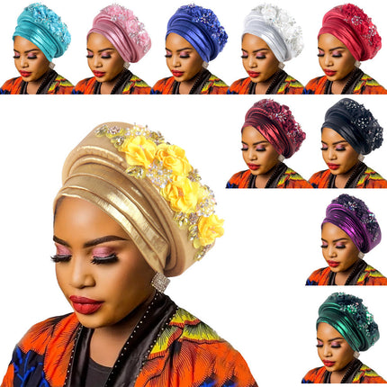 Women's Luxury Navy Blue Turban Hat with Beaded Floral Embellishments Pre-Tied African Style Headwrap for Weddings Parties & Special Occasions
