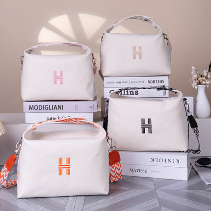 Women's Minimalist Canvas Crossbody Bag with Wide Orange Webbing Strap Casual Shoulder Handbag Large Capacity for Daily Use - Cream White