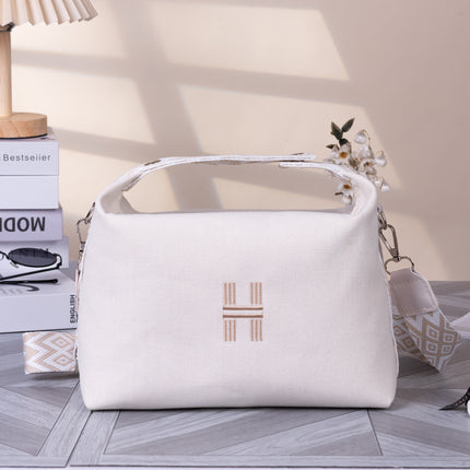 Women's Minimalist Canvas Crossbody Bag with Wide Beige Webbing Strap Casual Shoulder Handbag Large Capacity for Daily Use - Cream White
