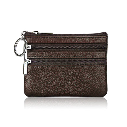 Genuine Leather Coin Purse Mini Wallet with Triple Zipper Pockets Key Ring Holder Pouch for Cash & Cards - Coffee