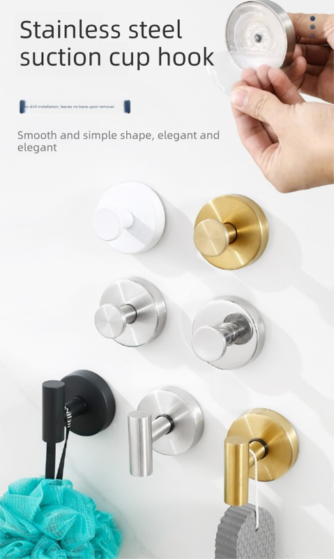Heavy Duty Stainless Steel Suction Cup Hook Vacuum Wall Hanger Brushed Silver No Drill Towel Holder for Bathroom Kitchen & Shower - Waterproof