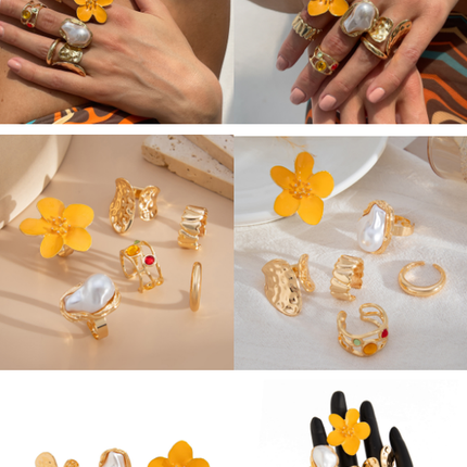 6-Piece Gold Chunky Stackable Ring Set Yellow Enamel Flower & Baroque Pearl - Adjustable Open Finger Jewellery for Women (Light Gold)
