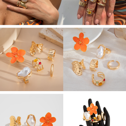 6-Piece Gold Chunky Stackable Ring Set Orange Enamel Flower & Baroque Pearl - Adjustable Open Finger Jewellery for Women (Light Gold)