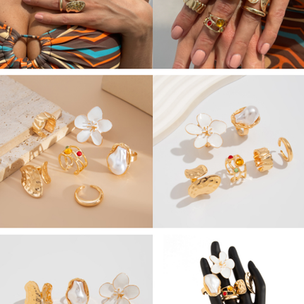 6-Piece Gold Chunky Stackable Ring Set Orange Enamel Flower & Baroque Pearl - Adjustable Open Finger Jewellery for Women (Light Gold)