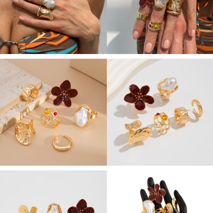 6-Piece Gold Chunky Stackable Ring Set White Enamel Flower & Baroque Pearl - Adjustable Open Finger Jewellery for Women (Light Gold)