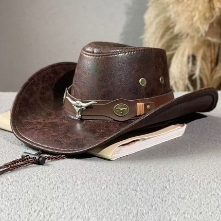 Rustic Western Cowboy Hat - Distressed Faux Leather Look Wide Brim Outback Sun Hat with Bull Head Emblem for Men & Women (Black)