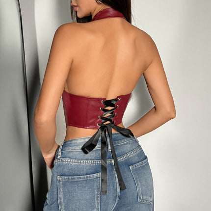Womens Sexy PU Leather Halter Crop Top Deep V Neck Backless Faux Leather Vest Button Front Pointed Hem Clubwear Brown L