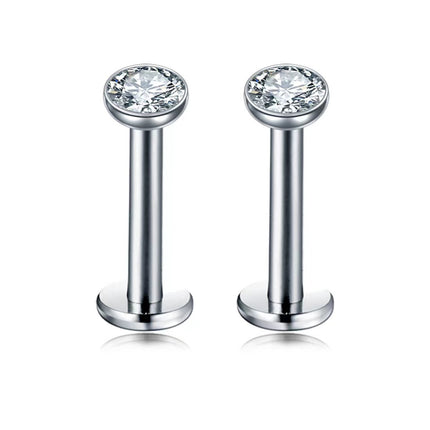 2 PCS Internally Threaded Labret Studs - 16G 8mm Stainless Steel Flat Back with 3mm CZ Crystal - Silver Tone Body Piercing for Lip Tragus Helix