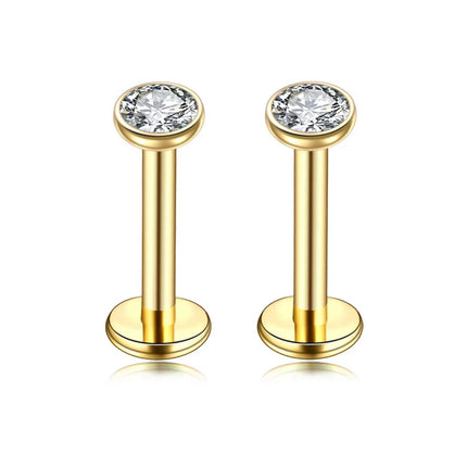 2 PCS Internally Threaded Labret Studs - 16G 8mm Stainless Steel Flat Back with 3mm CZ Crystal - Gold Tone Body Piercing for Lip Tragus Helix
