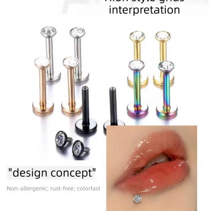 2 PCS Internally Threaded Labret Studs - 16G 8mm Stainless Steel Flat Back with 3mm CZ Crystal - Gold Tone Body Piercing for Lip Tragus Helix