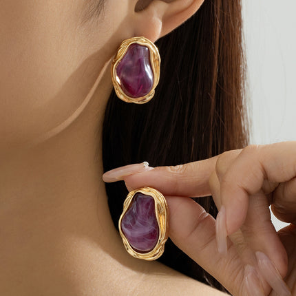 A Pair of Vintage Baroque Statement Earrings - Chunky Gold Tone Irregular Studs with Pink Faux Stone - Stainless Steel Pin Fashion Jewellery for Women