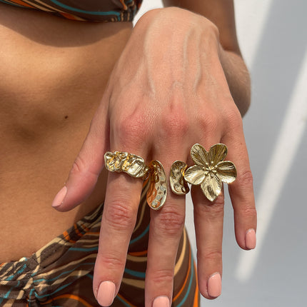 3-Piece Molten Gold Tone Ring Set - Vintage Baroque Flower & Abstract Liquid Metal Design - Adjustable Open Cuff Stackable Jewelry for Women