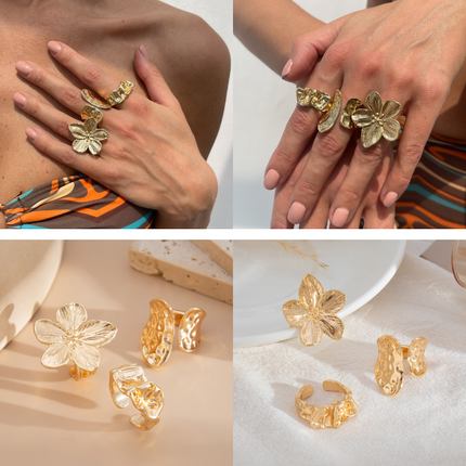 3-Piece Molten Gold Tone Ring Set - Vintage Baroque Flower & Abstract Liquid Metal Design - Adjustable Open Cuff Stackable Jewelry for Women