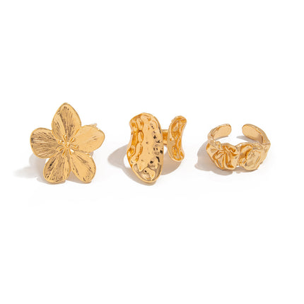 3-Piece Molten Gold Tone Ring Set - Vintage Baroque Flower & Abstract Liquid Metal Design - Adjustable Open Cuff Stackable Jewelry for Women