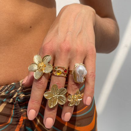 5-Piece Molten Gold Tone Ring Set - Vintage Baroque Flowers, Large Faux Pearl & Colourful Gem Cuff - Adjustable Boho Stackable Jewellery