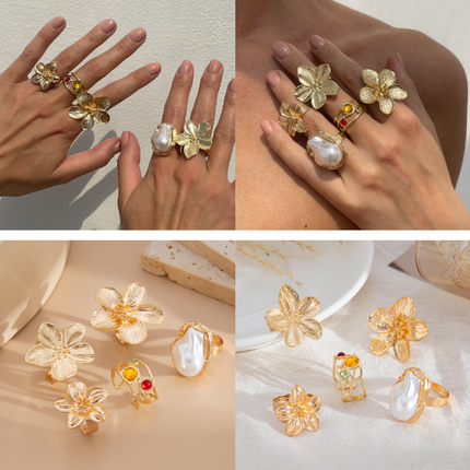 5-Piece Molten Gold Tone Ring Set - Vintage Baroque Flowers, Large Faux Pearl & Colourful Gem Cuff - Adjustable Boho Stackable Jewellery