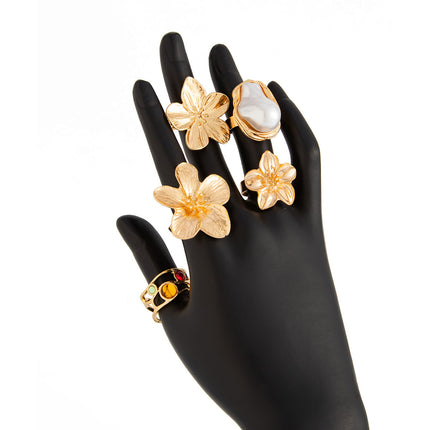 5-Piece Molten Gold Tone Ring Set - Vintage Baroque Flowers, Large Faux Pearl & Colourful Gem Cuff - Adjustable Boho Stackable Jewellery