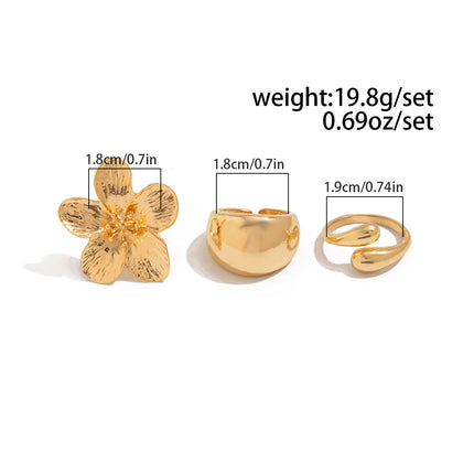 3-Piece Sculptural Gold Tone Ring Set - Large Textured Flower, Chunky Smooth Dome & Teardrop Wrap Band - Adjustable Statement Jewellery