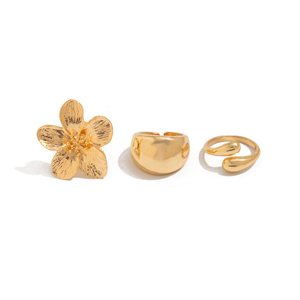3-Piece Sculptural Gold Tone Ring Set - Large Textured Flower, Chunky Smooth Dome & Teardrop Wrap Band - Adjustable Statement Jewellery