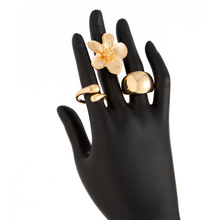 3-Piece Sculptural Gold Tone Ring Set - Large Textured Flower, Chunky Smooth Dome & Teardrop Wrap Band - Adjustable Statement Jewellery