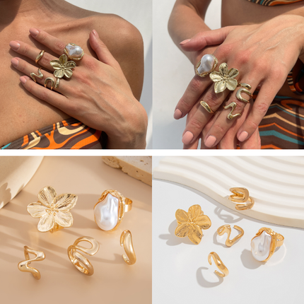5 PCS Liquid Gold Tone Ring Set - Baroque Faux Pearl, Textured Flower & Abstract Wave Bands - Adjustable Boho Stackable Jewellery