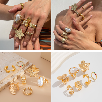 7-Piece Molten Gold Tone Ring Set - Baroque Faux Pearl, Flower, Chain Link & Abstract Shield Bands - Ultimate Adjustable Boho Stackable Jewellery