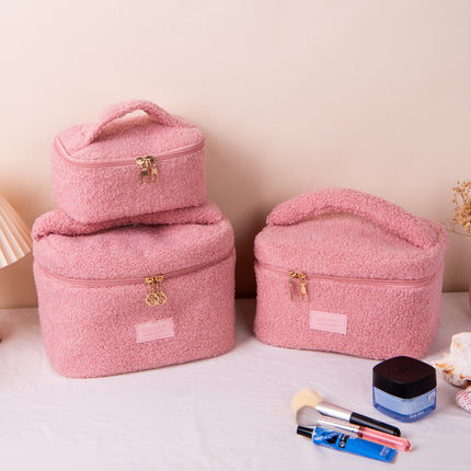Large Plush Teddy Fleece Cosmetic Bag - Soft Sherpa Makeup Case with Handle - Pink Travel Toiletry Organiser (26cm)