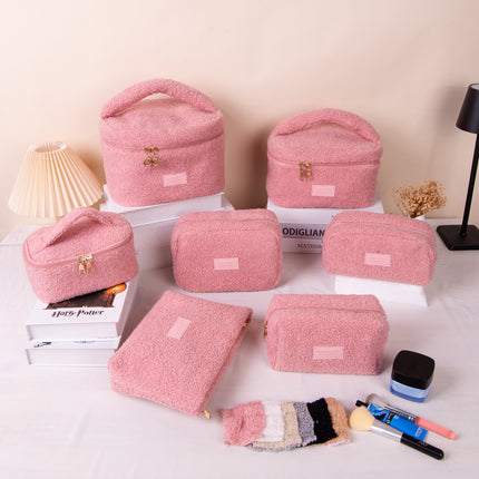 Small Pink Teddy Fleece Cosmetic Bag - Compact Soft Sherpa Makeup Pouch - Daily Purse Organiser for Lipstick & Essentials (18cm)