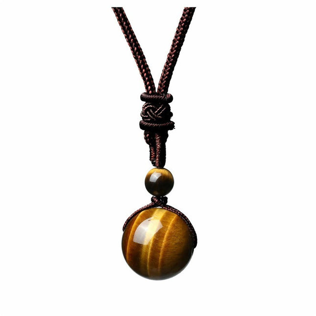 Handmade Woven Tiger Eye Stone Pendant Necklace Vintage Natural 12mm Gemstone Jewelry for Men and Women Simple Retro Style Accessory