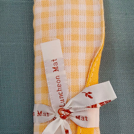 3-Piece Yellow Gingham Cotton Kitchen Linen Set - Reversible Placemat, Fringed Napkin & Quilted Pot Holder - Yarn Dyed Checkered Dining Bundle