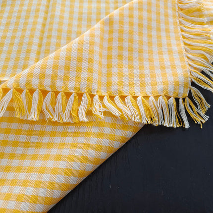 3-Piece Yellow Gingham Cotton Kitchen Linen Set - Reversible Placemat, Fringed Napkin & Quilted Pot Holder - Yarn Dyed Checkered Dining Bundle
