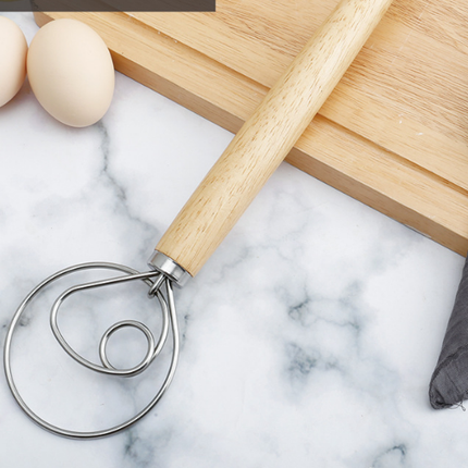 Danish Dough Whisk with Long Oak Handle - 13 Inch Stainless Steel Bread Mixer Tool for Sourdough, Pizza & Pastry - Heavy Duty Hand Held Flour Blender (Single Loop Design)