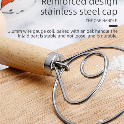 Danish Dough Whisk with Long Oak Handle - 13 Inch Stainless Steel Bread Mixer Tool for Sourdough, Pizza & Pastry - Heavy Duty Hand Held Flour Blender (Single Loop Design)