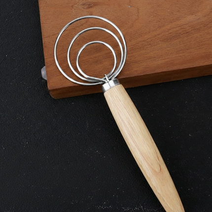 Triple Loop Danish Dough Whisk with Short Oak Handle - 9 Inch Compact Stainless Steel Mixer for Sourdough Starters, Eggs & Batter - Hand Held Flour Blender (3 Eye Design)