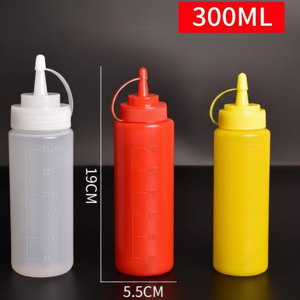 3 PCS Squeeze Sauce Bottles 300ml Plastic Condiment Dispensers for Kitchen BBQ & Cafe Refillable Ketchup Mustard Containers White&Red&Yellow