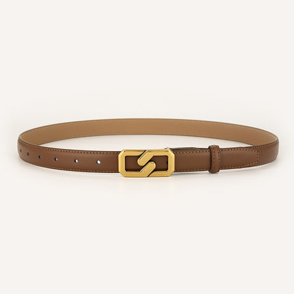 Womens Genuine Leather Belt Caramel 2.3cm Wide Gold Buckle Waist Strap for Jeans & Dresses Elegant Fashion Accessory