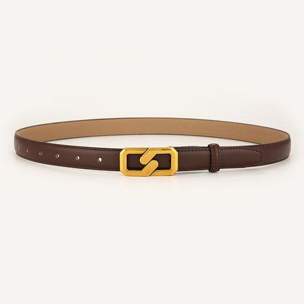 Womens Genuine Leather Belt Coffee 2.3cm Wide Gold Buckle Waist Strap for Jeans & Dresses Elegant Fashion Accessory